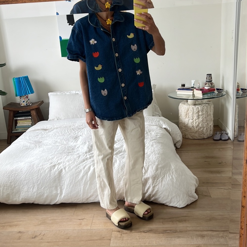 Never worn. Denim embroidered oversized blouse.